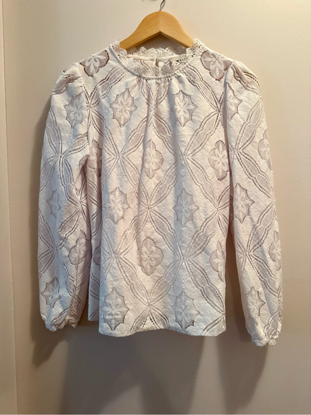 Loft Mosaic Lace Blouse Ivory Mock Neck Puff Sleeve Lined Top Size S